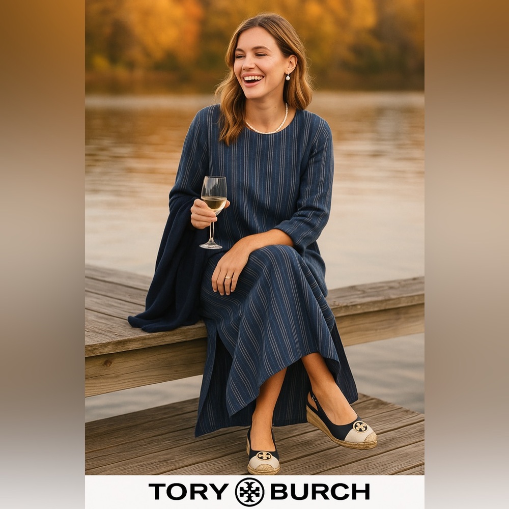 Tory Burch, Navy White Striped Cotton Kaftan Dress Resort Tunic Boho EUC Size L - Picture 2 of 11